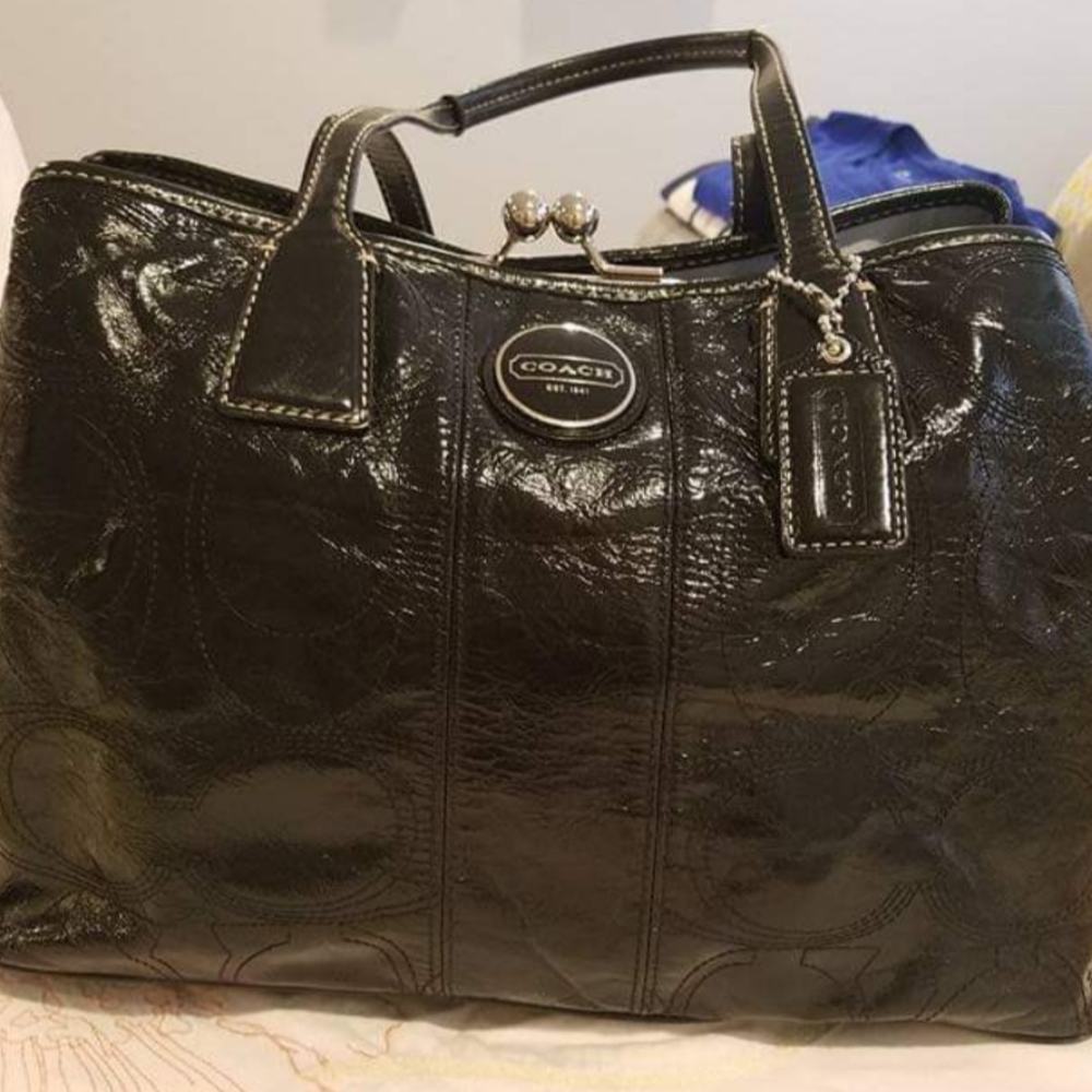 Coach #15658 Black Patent Leather Signature Stitched Framed Carryall Black